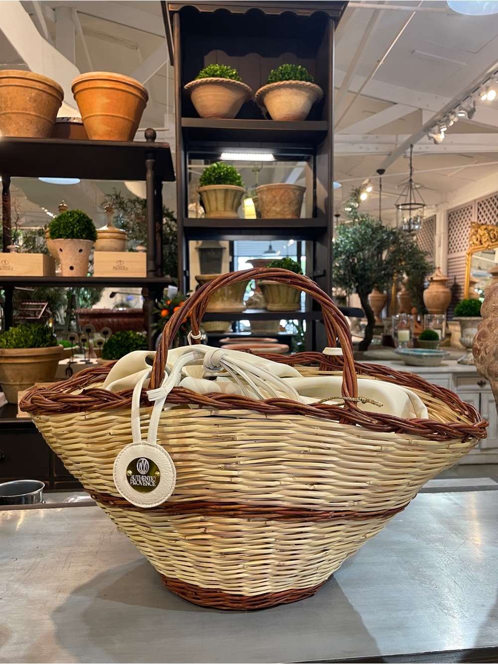 Tizzini x AuthenticProvence Cream&Brown Basket Tote with Drawstring Liner, Italy